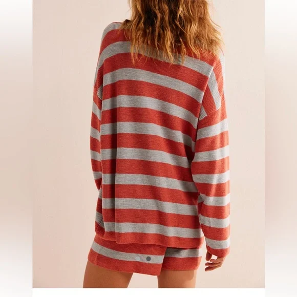 Free People Beach Malibu Surf Sweater Set Stripe Red Blue Knit Set Shorts Top - Picture 2 of 11